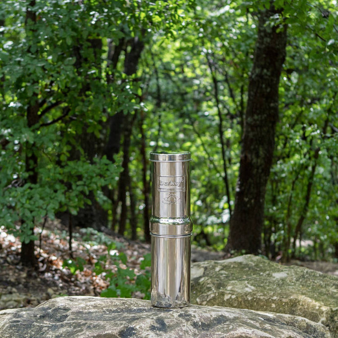 Polished stainless steel portable water filter with dual chambers, designed for outdoor camping, emergency supplies, and USA made quality in Farm, Garden & Tool collections.