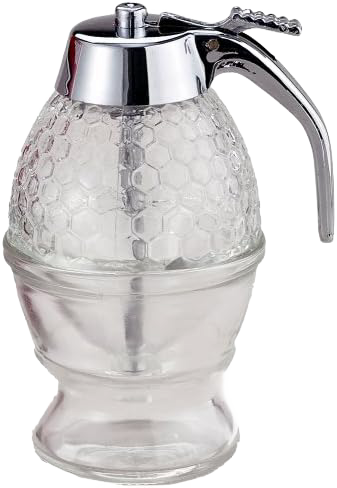 Glass honey and syrup dispenser with textured honeycomb pattern and shiny metal lever, designed for neat serving in Kitchen & Food, Storage and Serving, Best Sellers collections.