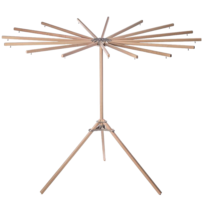 Handcrafted 16-arm wooden floor dryer with stainless steel hardware, rotating arms for easy drying, compact design, ideal for Home & Decor and Laundry Supplies collections.