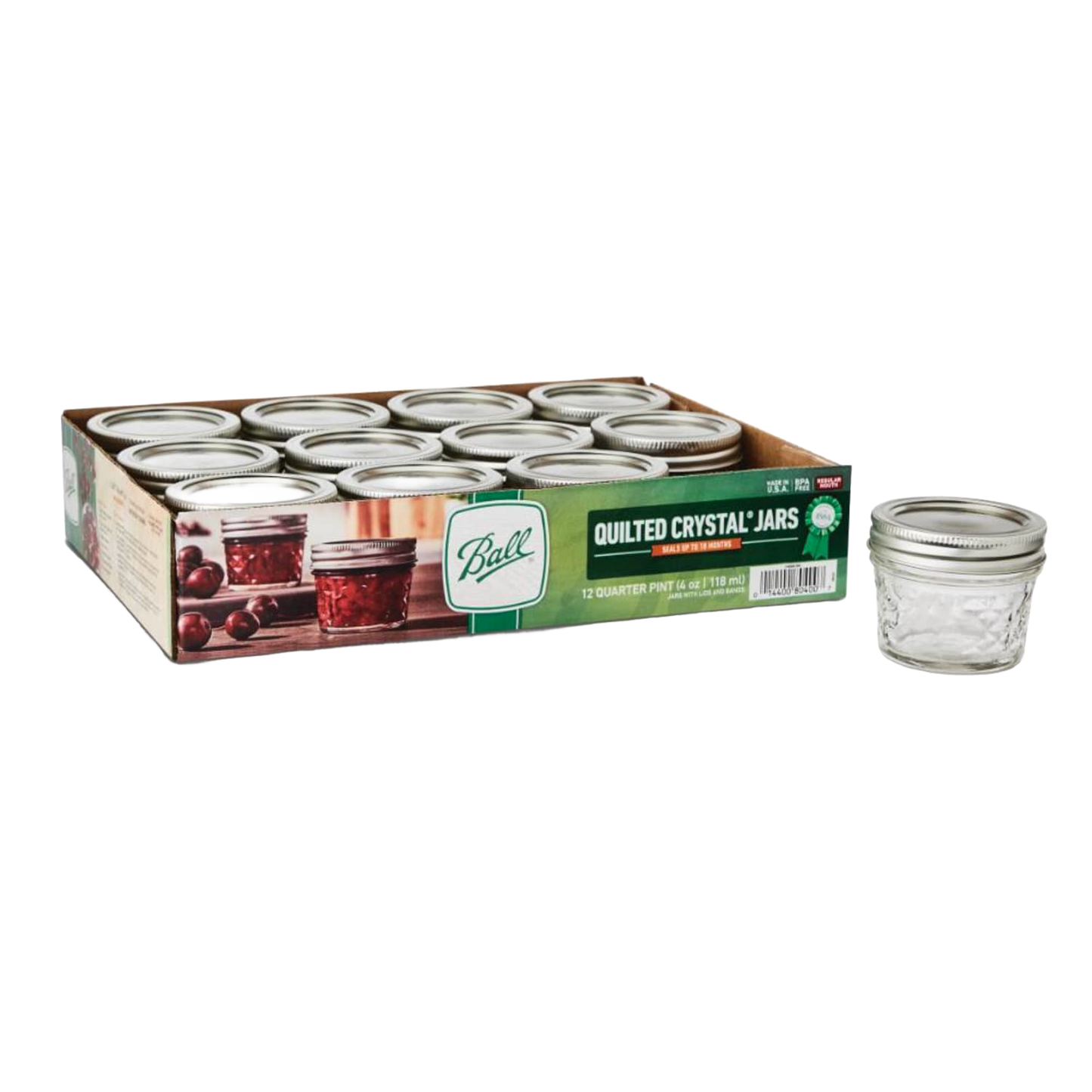Set of twelve clear quilted glass jelly jars with silver lids in a branded box, designed for food preservation and canning, part of Kitchen & Food and USA Made collections.