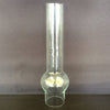 Tall clear glass chimney with a distinctive rounded bulge and narrow base, designed for oil lamps, featured in Lamps & Lighting and Parts and Accessories collections.
