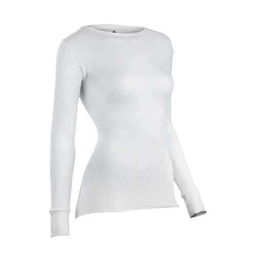 Slim-fit women's thermal shirt made from cotton-rich, circular waffle knit fabric, handcrafted for warmth and comfort, featured in Health & Wellness and Clothing collections.