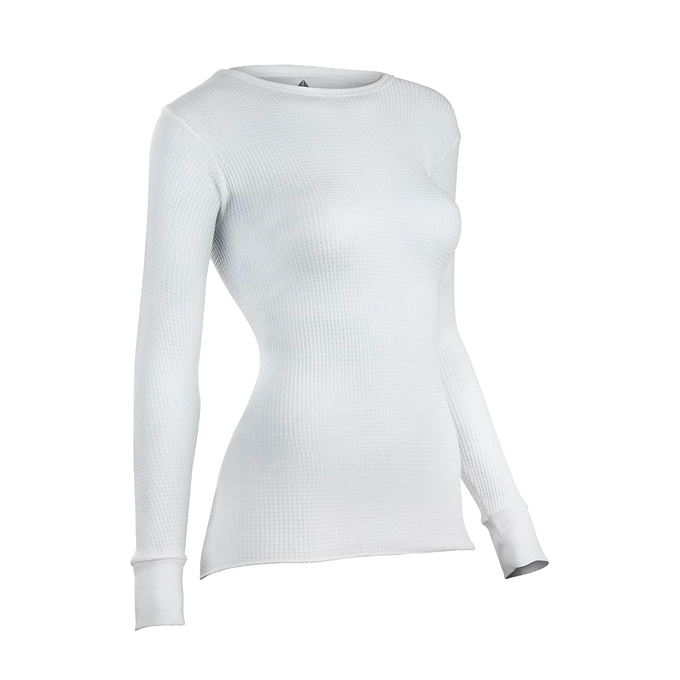 Slim-fit women's thermal shirt made from cotton-rich, circular waffle knit fabric, handcrafted for warmth and comfort, featured in Health & Wellness and Clothing collections.