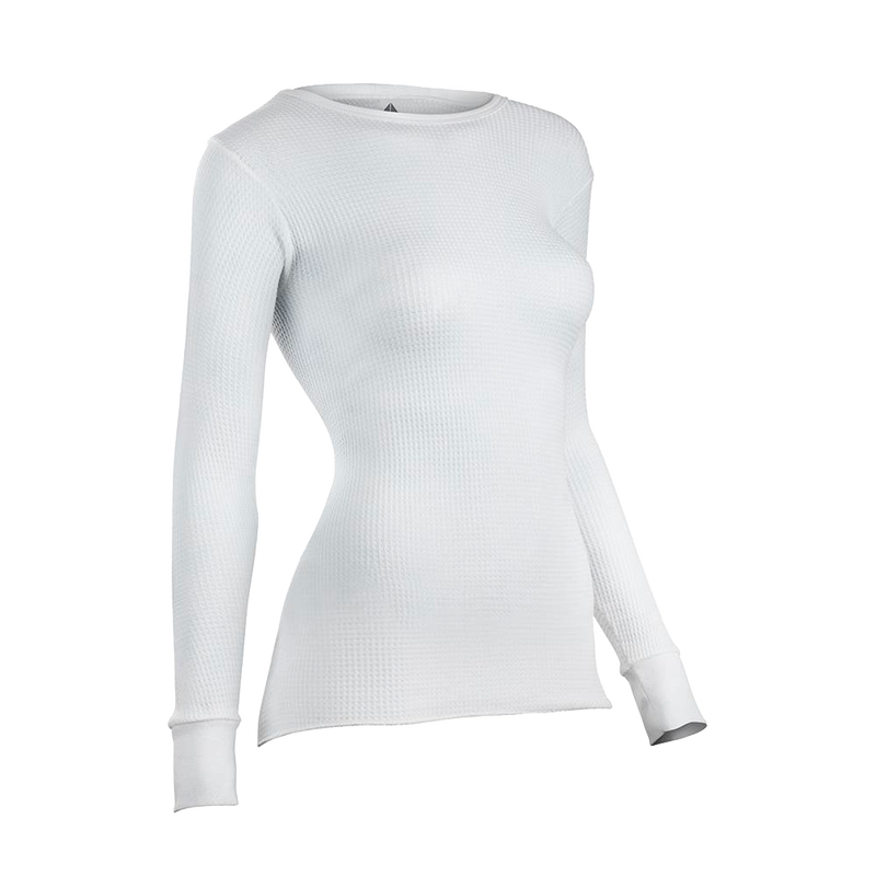 Slim-fit women's thermal shirt made from cotton-rich, circular waffle knit fabric, handcrafted for warmth and comfort, featured in Health & Wellness and Clothing collections.