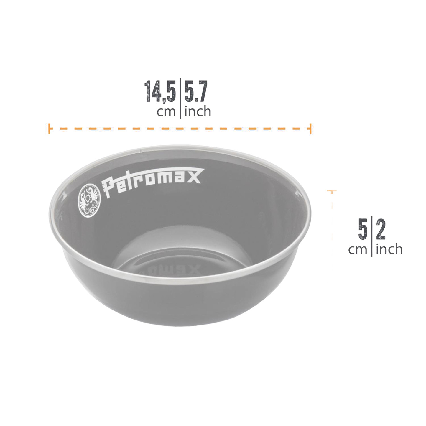 Durable gray enamel bowl with Petromax logo, resistant to heat and scratches, lightweight for travel, perfect for camping and outdoor use, featured in Kitchen & Food, Camping, and Best Sellers collections.