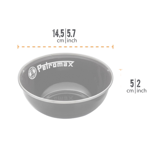 Durable gray enamel bowl with Petromax logo, resistant to heat and scratches, lightweight for travel, perfect for camping and outdoor use, featured in Kitchen & Food, Camping, and Best Sellers collections.