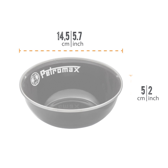 Durable gray enamel bowl with Petromax logo, resistant to heat and scratches, lightweight for travel, perfect for camping and outdoor use, featured in Kitchen & Food, Camping, and Best Sellers collections.
