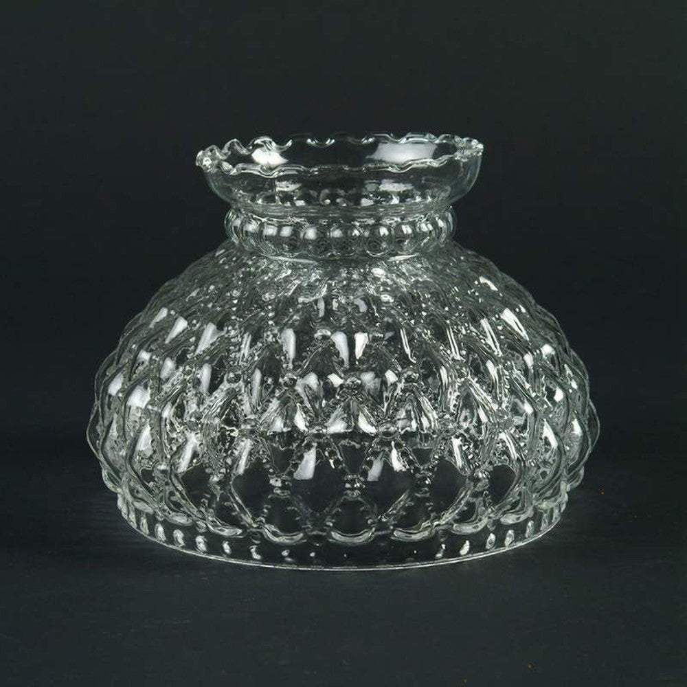 Clear glass lamp shade with a diamond quilt pattern and scalloped top edge, designed as an oil lamp accessory; featured in Lamps & Lighting, Lamp Shades, and Parts and Accessories collections.