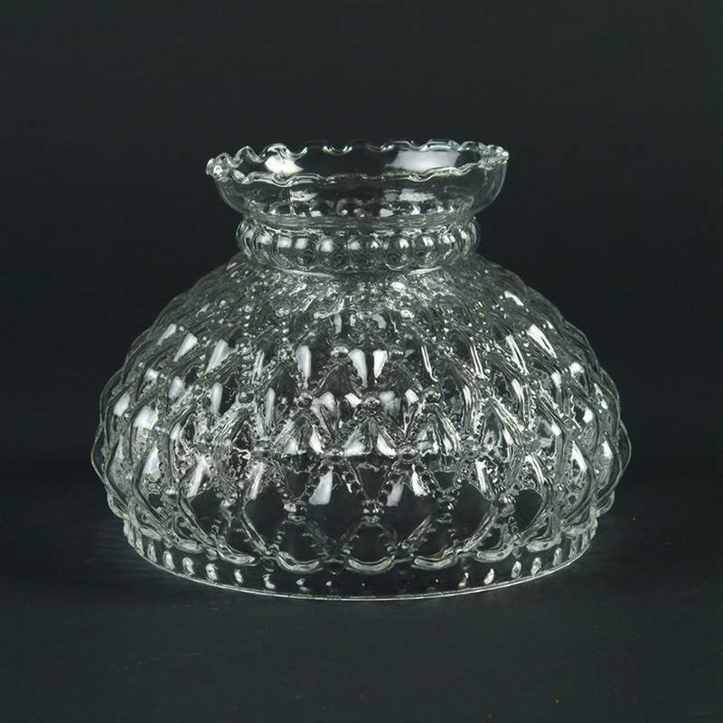 Clear glass lamp shade with a diamond quilt pattern and scalloped top edge, designed as an oil lamp accessory; featured in Lamps & Lighting, Lamp Shades, and Parts and Accessories collections.