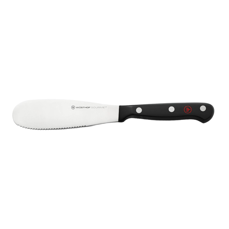 Sharp-edged 5-inch spreader knife with laser-cut serrated blade and black triple-riveted handle, ideal for spreading and cutting bread, cheese, and spreads in Kitchen & Food and Farm, Garden & Tool collections.