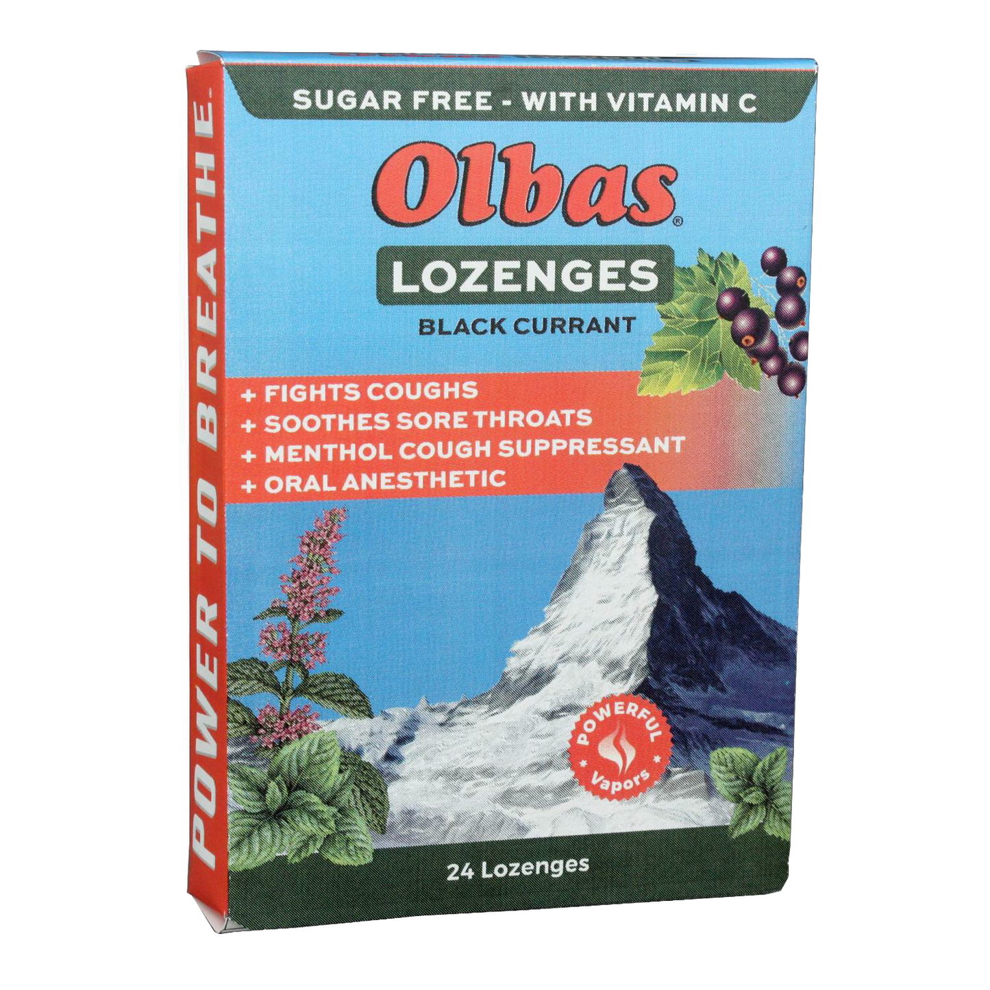 Box of Olbas sugar-free black currant lozenges with vitamin C, highlighting cough relief, sore throat soothing, and menthol cough suppressant, featured in health collections.