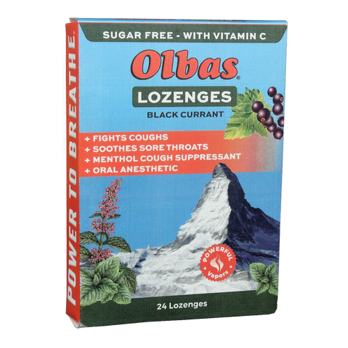 Box of Olbas sugar-free black currant lozenges with vitamin C, highlighting cough relief, sore throat soothing, and menthol cough suppressant, featured in health collections.