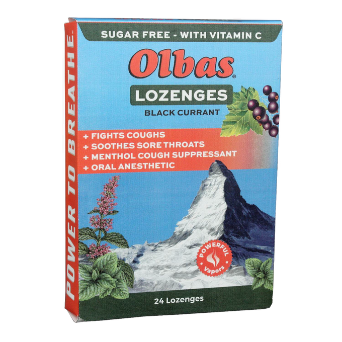 Box of Olbas sugar-free black currant lozenges with vitamin C, highlighting cough relief, sore throat soothing, and menthol cough suppressant, featured in health collections.