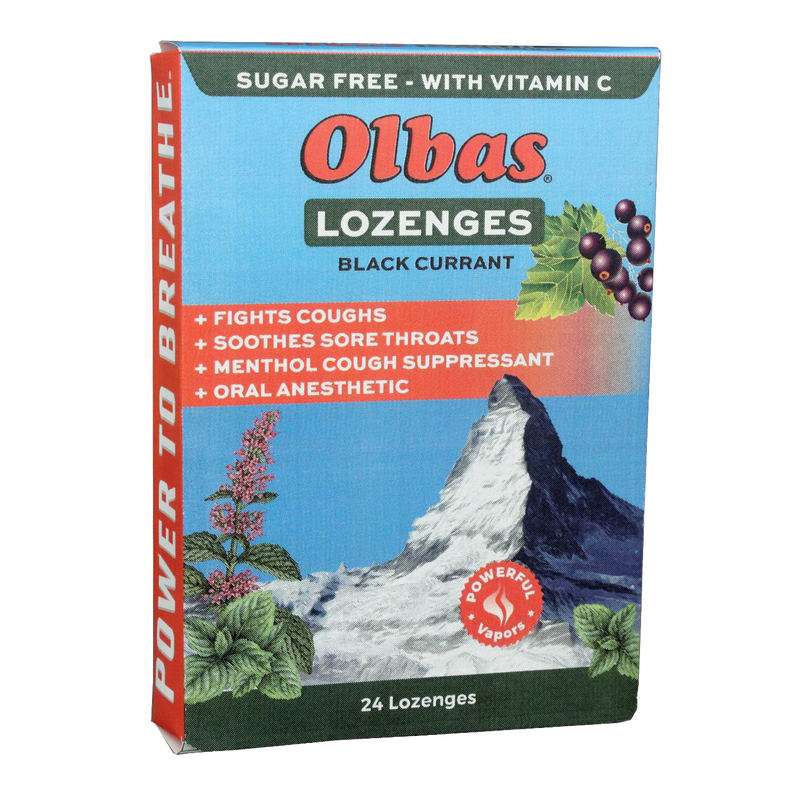 Box of Olbas sugar-free black currant lozenges with vitamin C, highlighting cough relief, sore throat soothing, and menthol cough suppressant, featured in health collections.