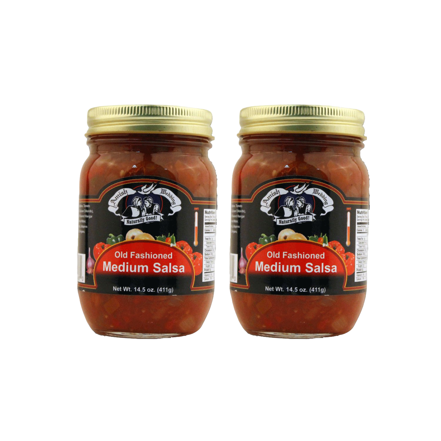 Two 14.5-ounce jars of handcrafted Amish-style medium salsa with thick, chunky texture, made in USA, ideal for Kitchen & Food, Snacks and Sweets, Pantry, USA Made, and Best Sellers collections.