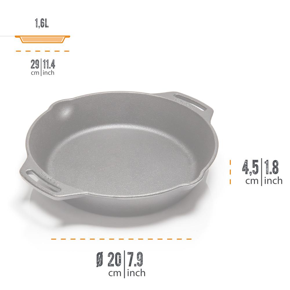 Round cast iron skillet with two side handles and a small pour spout, handcrafted for durable cooking in farm, garden, kitchen, camping, and cookware collections.