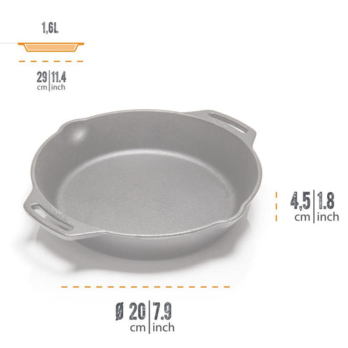 Round cast iron skillet with two side handles and a small pour spout, handcrafted for durable cooking in farm, garden, kitchen, camping, and cookware collections.