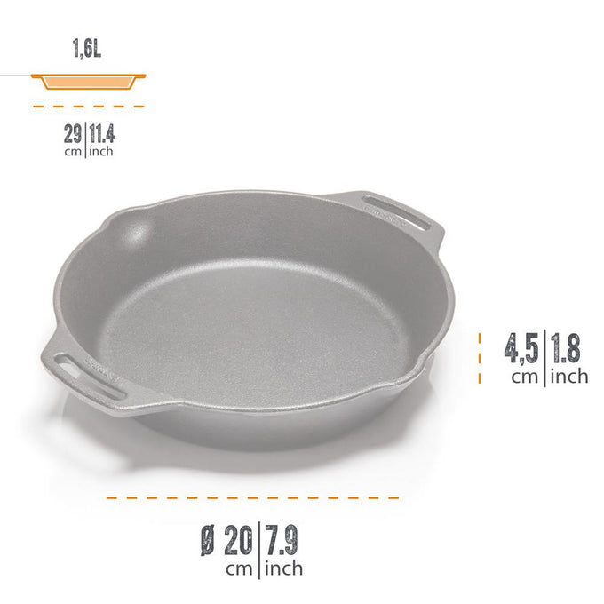 Round cast iron skillet with two side handles and a small pour spout, handcrafted for durable cooking in farm, garden, kitchen, camping, and cookware collections.