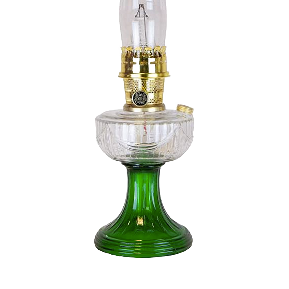 Handcrafted vintage-style oil lamp featuring a clear glass bowl over an emerald green glass base with a sweeping Lincoln drape font design, ideal for Lamps & Lighting, Oil Lamps, and Table Lamps collections.