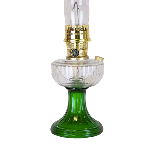 Handcrafted vintage-style oil lamp featuring a clear glass bowl over an emerald green glass base with a sweeping Lincoln drape font design, ideal for Lamps & Lighting, Oil Lamps, and Table Lamps collections.
