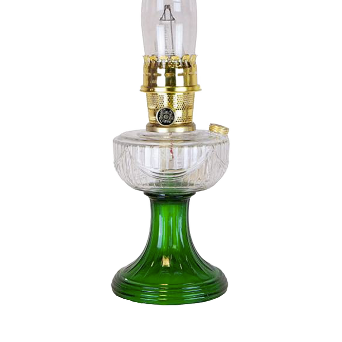 Handcrafted vintage-style oil lamp featuring a clear glass bowl over an emerald green glass base with a sweeping Lincoln drape font design, ideal for Lamps & Lighting, Oil Lamps, and Table Lamps collections.