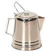 Large polished stainless steel coffee pot with glass knob lid and sturdy bail handle for hanging, designed for Farm, Garden & Tool, Camping, and Best Sellers collections.
