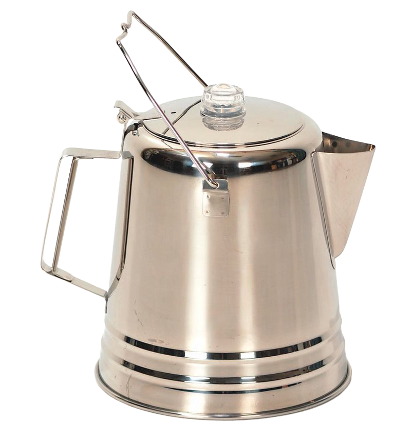 Large polished stainless steel coffee pot with glass knob lid and sturdy bail handle for hanging, designed for Farm, Garden & Tool, Camping, and Best Sellers collections.
