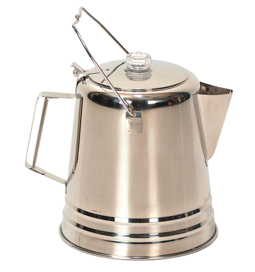 Large polished stainless steel coffee pot with glass knob lid and sturdy bail handle for hanging, designed for Farm, Garden & Tool, Camping, and Best Sellers collections.