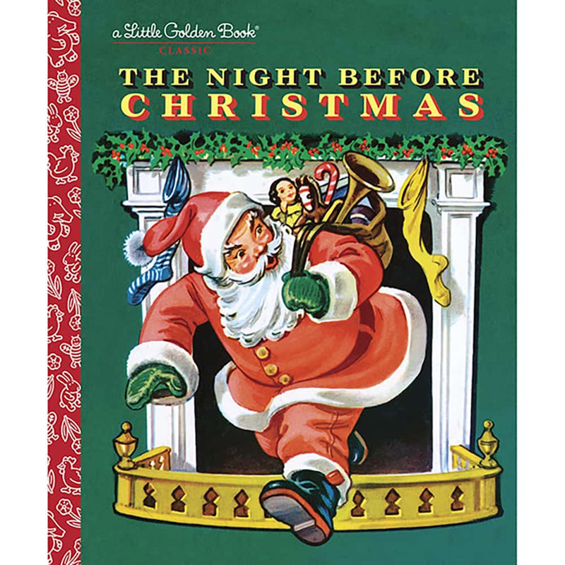 Vintage-style cover illustration of Santa Claus stepping down a fireplace mantel with a sack of toys, featuring classic holiday decorations for Toys, Books & Games, Books, and Children’s Books collections.