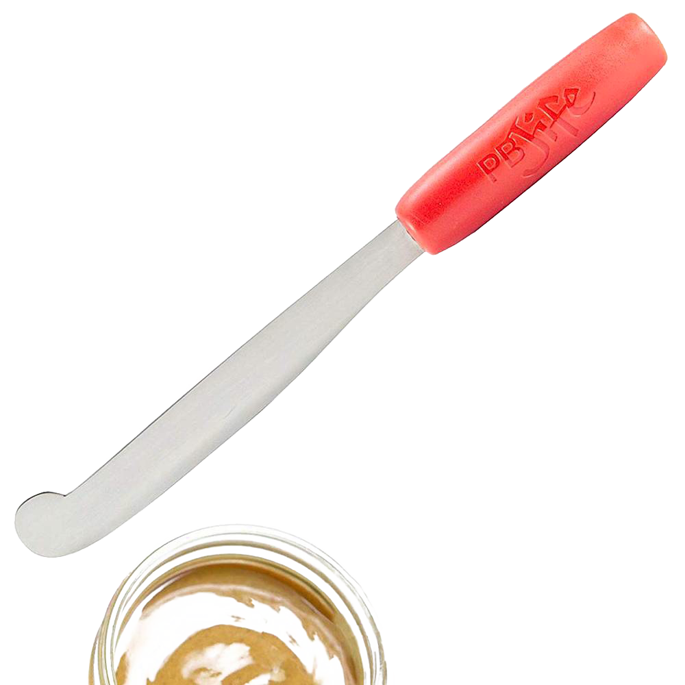 Ergonomic peanut butter spreader with a broad, curved stainless steel blade and bright red handle, designed to scrape jars clean, ideal for Kitchen & Food, Kitchen Gadgets, and Best Sellers collections.