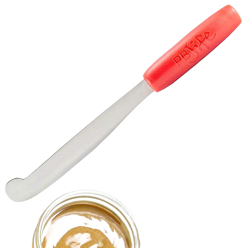 Ergonomic peanut butter spreader with a broad, curved stainless steel blade and bright red handle, designed to scrape jars clean, ideal for Kitchen & Food, Kitchen Gadgets, and Best Sellers collections.