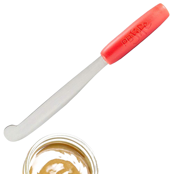 Ergonomic peanut butter spreader with a broad, curved stainless steel blade and bright red handle, designed to scrape jars clean, ideal for Kitchen & Food, Kitchen Gadgets, and Best Sellers collections.