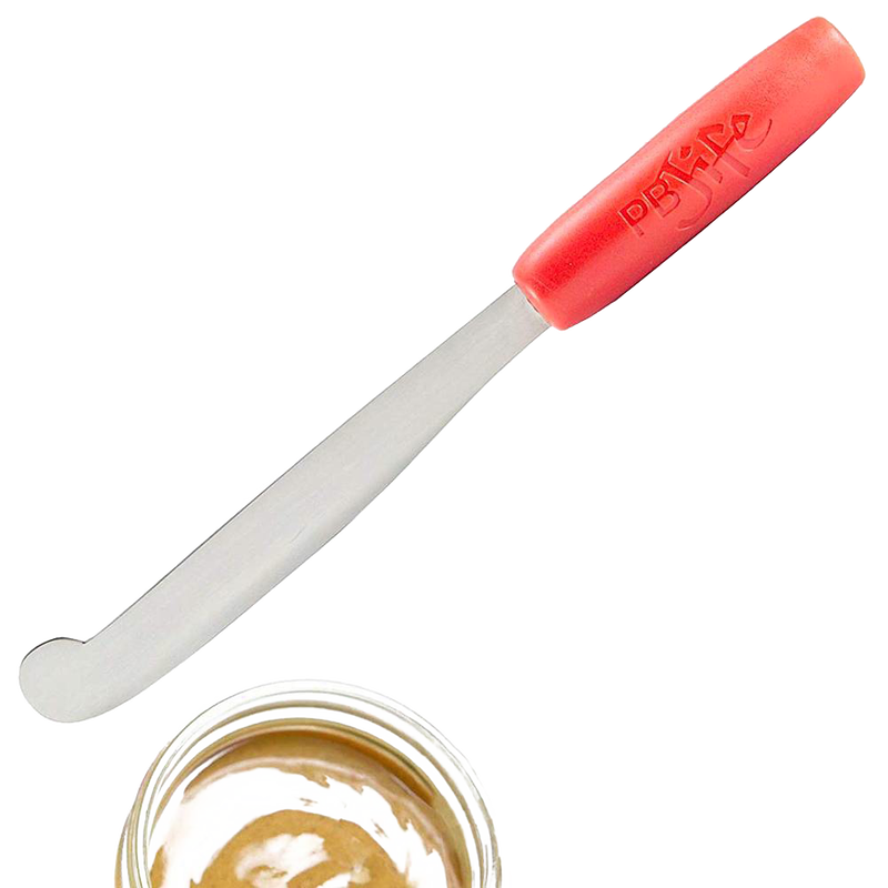 Ergonomic peanut butter spreader with a broad, curved stainless steel blade and bright red handle, designed to scrape jars clean, ideal for Kitchen & Food, Kitchen Gadgets, and Best Sellers collections.