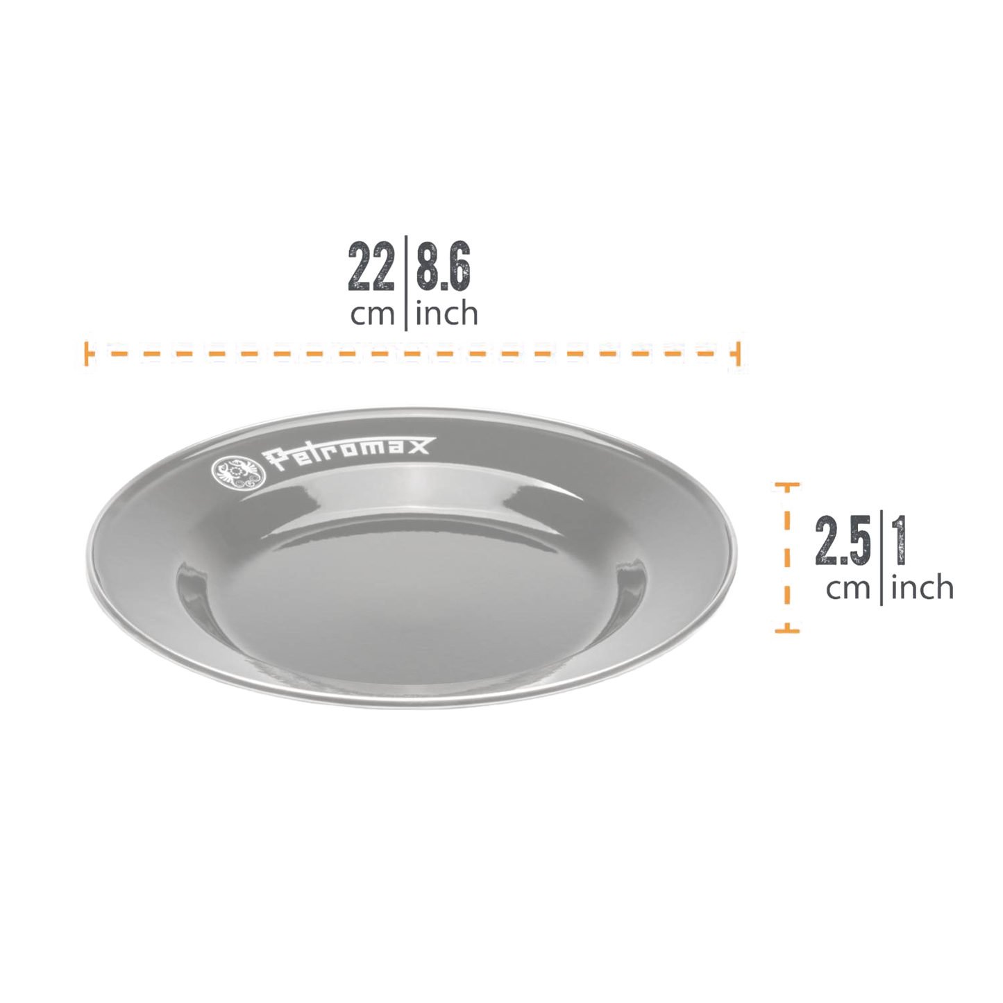Single grey enamel plate with Petromax logo, lightweight and heat-resistant with a durable fired surface, designed for Farm, Garden & Tool, Kitchen & Food, Camping, Dinnerware, Best Sellers, and Promo Eligible collections.