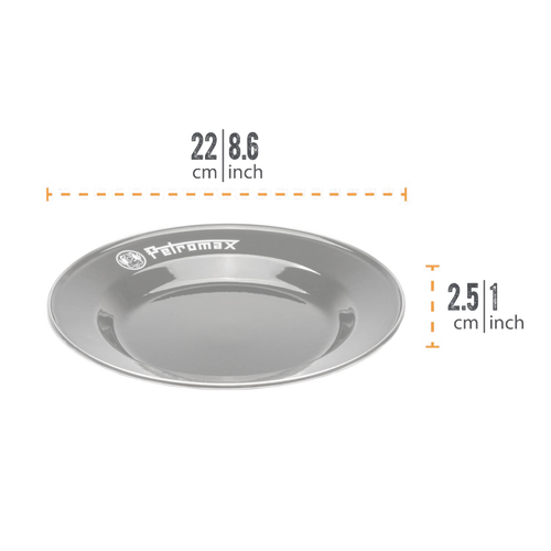 Single grey enamel plate with Petromax logo, lightweight and heat-resistant with a durable fired surface, designed for Farm, Garden & Tool, Kitchen & Food, Camping, Dinnerware, Best Sellers, and Promo Eligible collections.