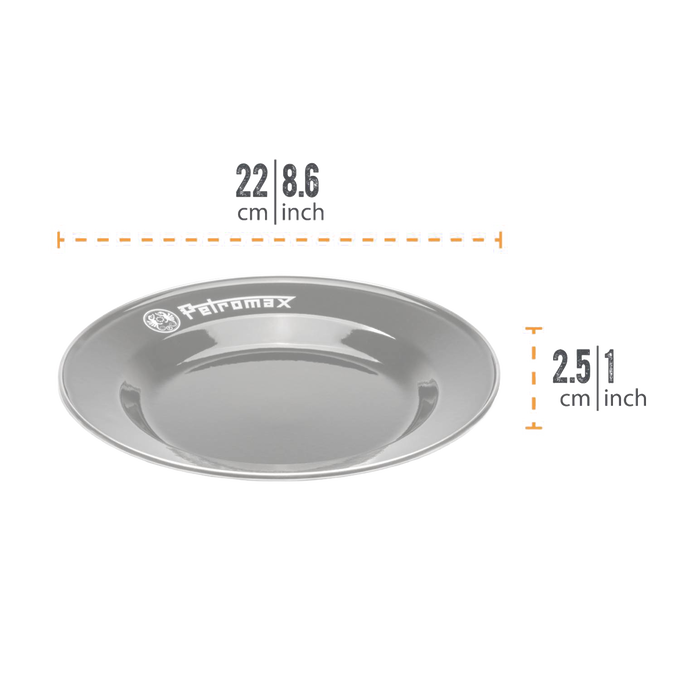 Single grey enamel plate with Petromax logo, lightweight and heat-resistant with a durable fired surface, designed for Farm, Garden & Tool, Kitchen & Food, Camping, Dinnerware, Best Sellers, and Promo Eligible collections.