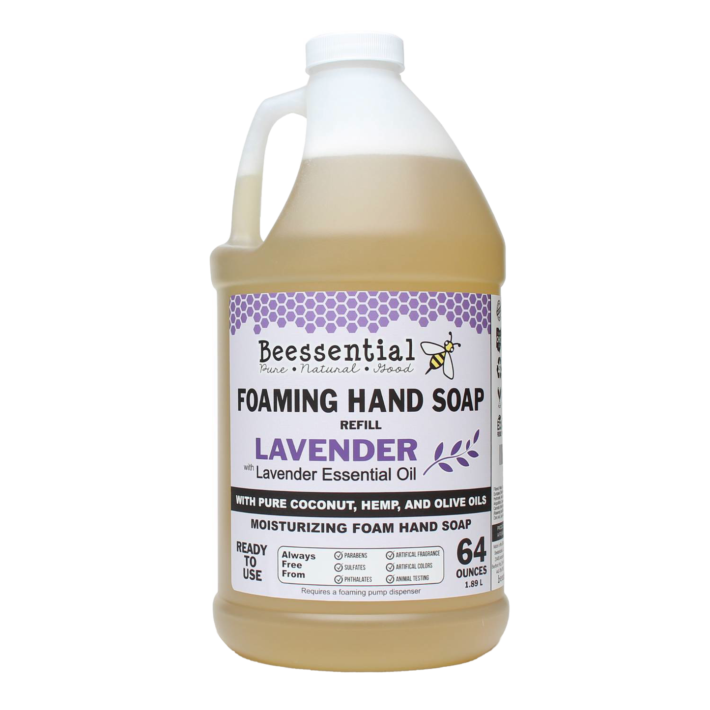 Large 64-ounce container of handcrafted natural foaming hand soap refill, scented with lavender essential oil, made in the USA, featured in Health & Wellness and Soaps collections.