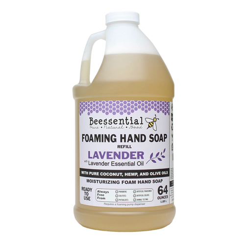 Large 64-ounce container of handcrafted natural foaming hand soap refill, scented with lavender essential oil, made in the USA, featured in Health & Wellness and Soaps collections.