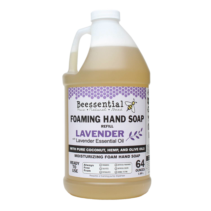 Large 64-ounce container of handcrafted natural foaming hand soap refill, scented with lavender essential oil, made in the USA, featured in Health & Wellness and Soaps collections.