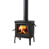 Compact black cast iron wood-burning stove with visible flames through front glass, featuring traditional design and TruHybrid combustion system, ideal for efficient home heating in stove collections.