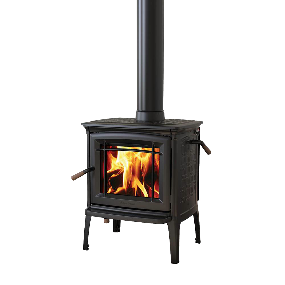 Compact black cast iron wood-burning stove with visible flames through front glass, featuring traditional design and TruHybrid combustion system, ideal for efficient home heating in stove collections.