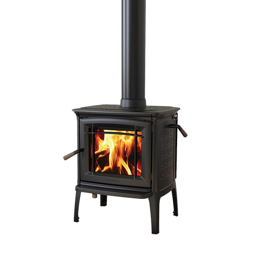 Compact black cast iron wood-burning stove with visible flames through front glass, featuring traditional design and TruHybrid combustion system, ideal for efficient home heating in stove collections.