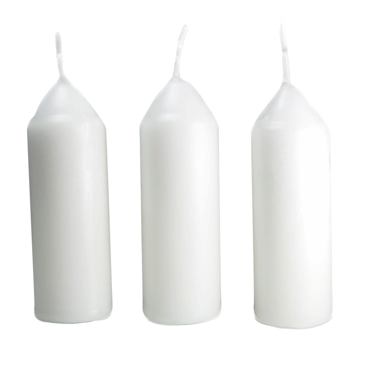Three tall white replacement candles with upright wicks, designed for use in handcrafted Candlelier Candle Lanterns for camping, emergency, and outdoor lighting in farm and garden settings.