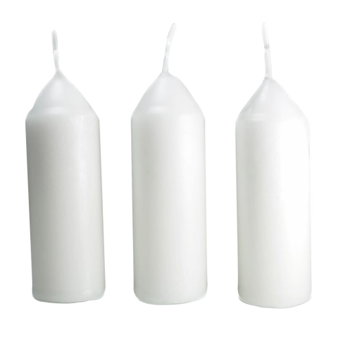 Three tall white replacement candles with upright wicks, designed for use in handcrafted Candlelier Candle Lanterns for camping, emergency, and outdoor lighting in farm and garden settings.