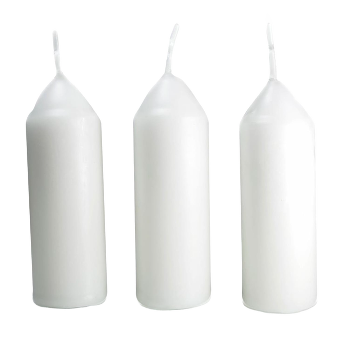 Three tall white replacement candles with upright wicks, designed for use in handcrafted Candlelier Candle Lanterns for camping, emergency, and outdoor lighting in farm and garden settings.