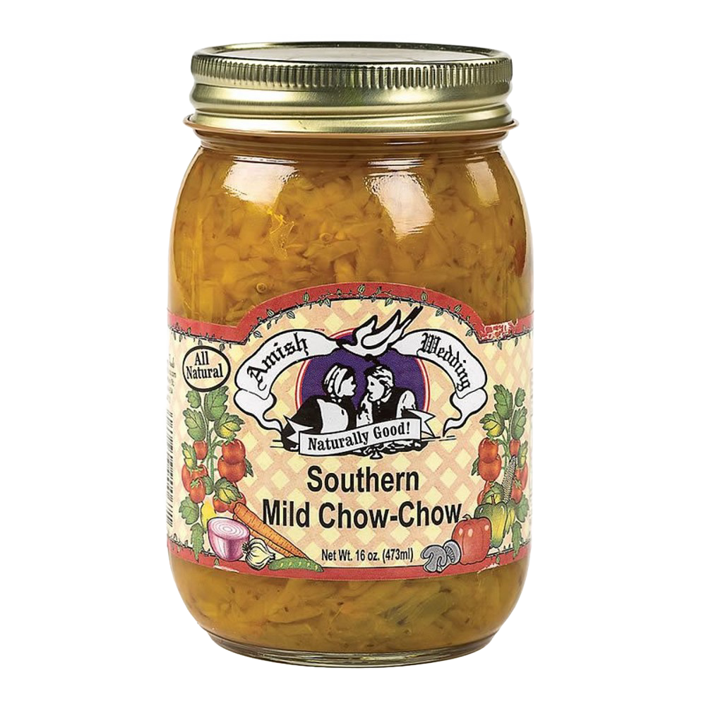 Glass jar of mild Southern Chow-Chow relish with a gold metal lid, handcrafted and made in USA, perfect for Kitchen & Food, Pantry, USA Made, Best Sellers, and Promo Eligible collections.