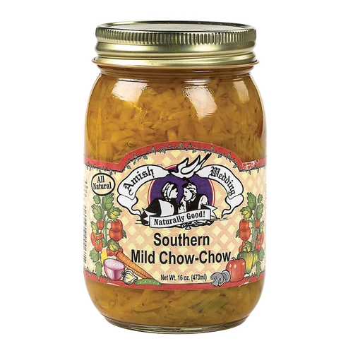 Glass jar of mild Southern Chow-Chow relish with a gold metal lid, handcrafted and made in USA, perfect for Kitchen & Food, Pantry, USA Made, Best Sellers, and Promo Eligible collections.