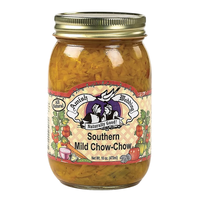 Glass jar of mild Southern Chow-Chow relish with a gold metal lid, handcrafted and made in USA, perfect for Kitchen & Food, Pantry, USA Made, Best Sellers, and Promo Eligible collections.