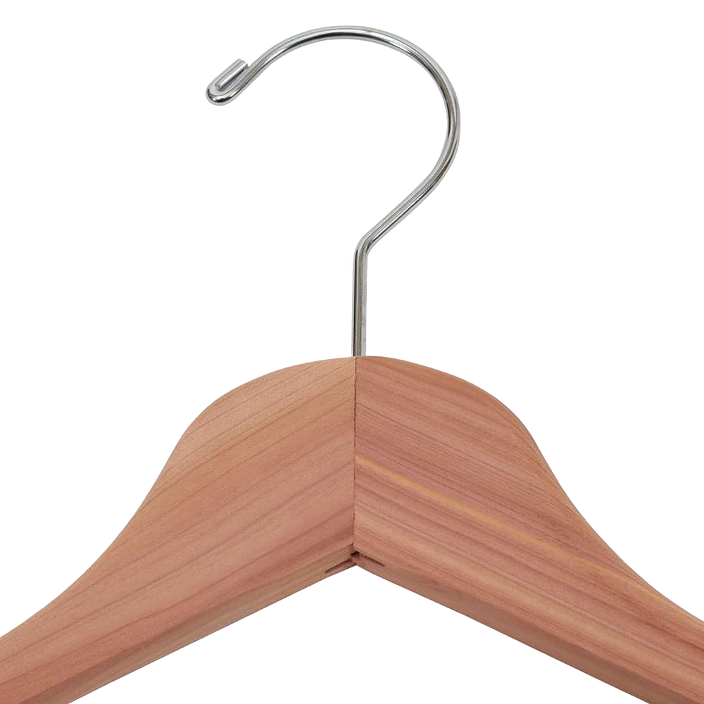 Single handcrafted cedar hanger with contoured notched shoulders and fixed horizontal bar, naturally repelling moths and freshening clothes, ideal for Health & Wellness and Home & Decor.