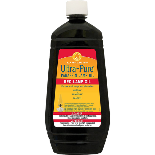 Plastic bottle of red ultra-pure paraffin lamp oil with white cap, labeled for clean, sootless, smokeless, and odorless use in lamps and oil candles, part of lamps & lighting, parts and accessories, lamp and lantern fuel, best sellers, and promo eligible collections.